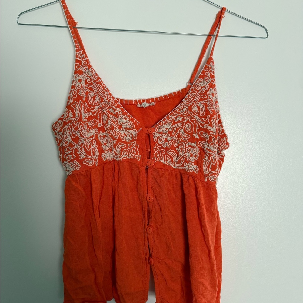 Embroidered Orange Button-Up Top